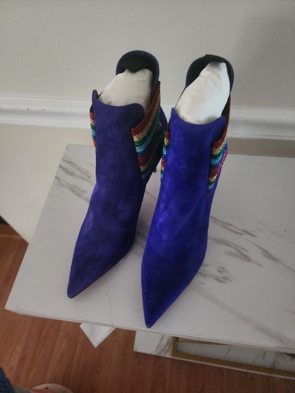 Christian Louboutin Women's Electric Blue Suede Pointed Booties Rainbow Accent